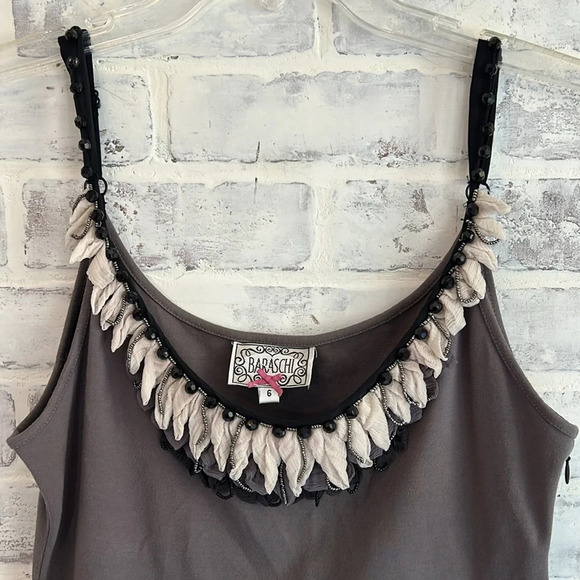 Anthropologie Yoana Baraschi Fit & Flare dress Gray Cream Beaded Ruffle - Picture 3 of 11